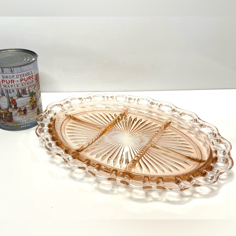 Vintage Pink Depression Glass Old Colony Divided Platter – Lace Edge